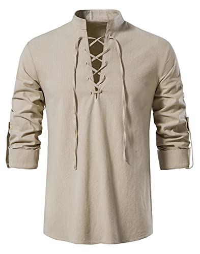 Idopy Herren Retro Lace Up Punk Renaissance Mittelalter Tops Pullover Henley Shirt, beige, L von Idopy