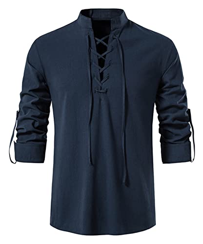 Idopy Herren Retro Lace Up Punk Renaissance Mittelalter Tops Pullover Henley Shirt, blau, L von Idopy