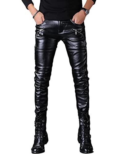 Idopy Herren Rock Punk Hip Hop Kunstleder Motorradhose, schwarz 149, 27-32 von Idopy