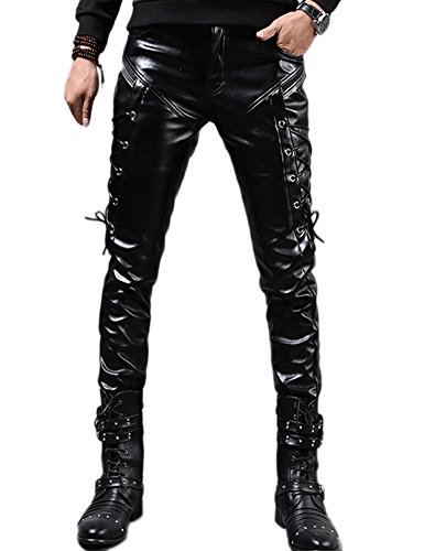 Idopy Herren Rock Steampunk Lace Up PU Leder Hosen Slim Fit, Schwarz, W32(Taille 82CM) von Idopy