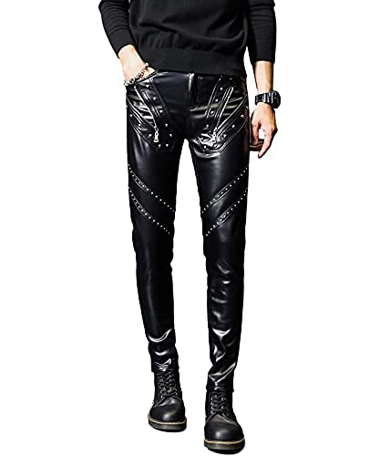 Idopy Herren Rock Steampunk Nieten PU Leder Hose Slim Fit mit Nieten, Schwarz , 31-35 von Idopy