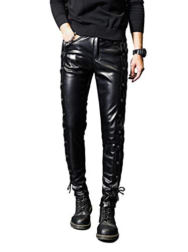 Idopy Herren Rock Steampunk Schnürhose aus PU-Leder Slim Fit, 2217 Black, 49 von Idopy