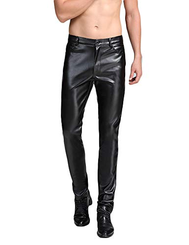 Idopy Herren Schwarz Slim Fit Business Hose Soft PU Kunstleder Fashion Biker Pants 38 von Idopy