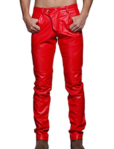 Idopy Herren Schlanke Passform Party Performance Biker Faux Leder Jeans Hosen Pu-Hose, Rot, 34(Taille 87m) von Idopy