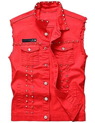 Idopy Herren Slim Fit Punk Denim Weste Ärmellose Jeans Weste Jacke mit Nieten Rot 3XL von Idopy