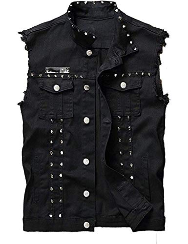 Idopy Herren Slim Fit Punk Denim Weste Ärmellose Jeans Weste Jacke mit Nieten Schwarz 3XL von Idopy