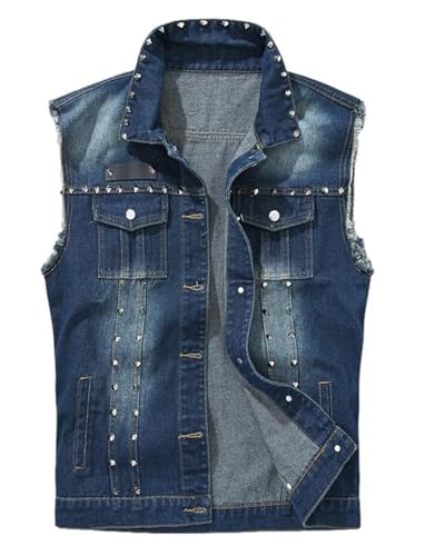 Idopy Herren Slim Fit Punk Denim Weste Ärmellose Jeans Weste Jacke mit Nieten blu s von Idopy