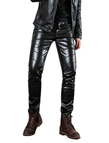 Idopy Herren Slim Fit Soft PU Faux Leder Biker Hose Trachtenlederhose Trachtenlederhose Lederhosen, 30W, Schwarz von Idopy