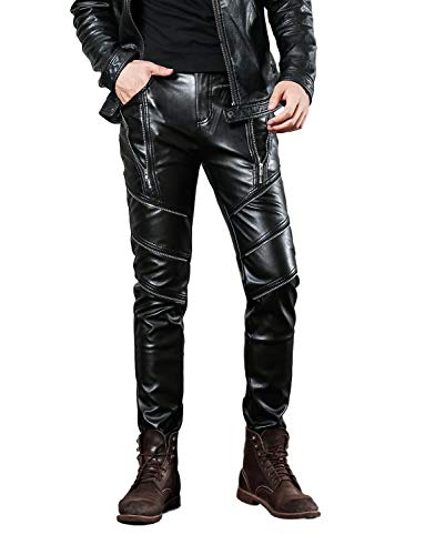 Idopy Herren Slim Fit Soft PU Faux Leder Biker Hose Trachtenlederhose Trachtenlederhose Lederhosen, 30W, Schwarz von Idopy