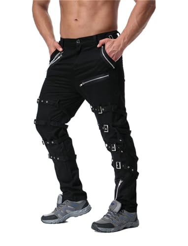 Idopy Herren Steampunk Gothic Hip Hop Punk Rock Hose Hose mit Kette, Schwarz , 27-32 von Idopy