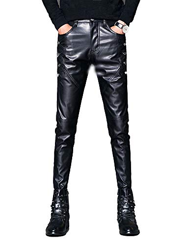 Idopy Herren schwarz Slim Fit Soft PU Kunstleder Biker Hose, Schwarz2, 34(Taille 87.5 CM) von Idopy