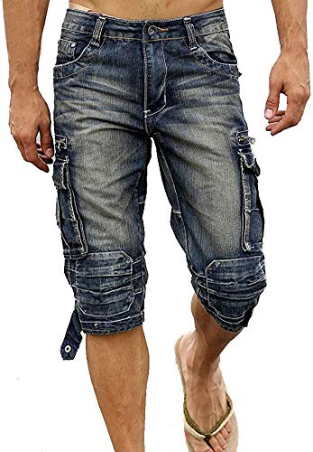 idopy Herren Cargo Denim Biker Jeans Shorts mit Reißverschluss, vintage-blau, W40 von Idopy