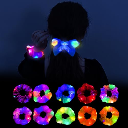 Idota 10 Stück Leuchtende Haarbänder, Haargummis Mädchen Leuchtender LED Haarschmuck mit 3 Licht Modi, Elastische Haarreif Kindergeburtstag Mädchen Party Deko Accessoire Frauen Geschenk von Idota