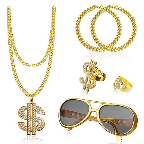 Idota 80er Jahre Outfit Herren 6 Stück Dollar Kette set, Goldene Dollar Halskette für Fasching Karneval Kostüm Cosplay, Ring Retro Sonnenbrillen Armband Zuhälter Kostüm Hip Hop Accessories von Idota