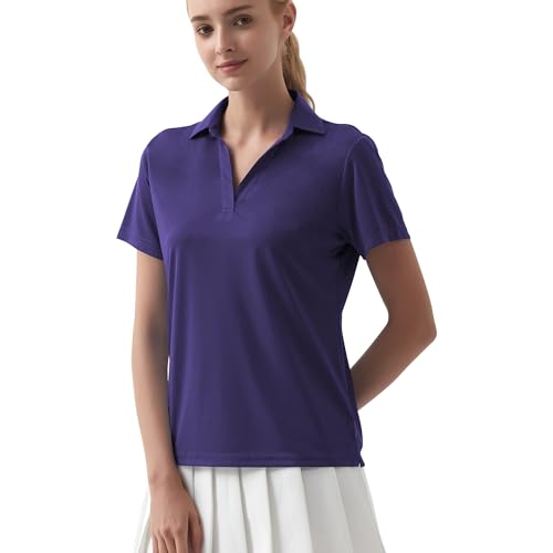 Idtswch Poloshirt Damen Kurzarm UPF 50+ Dry Fit Leichtes Atmungsaktives V-Neck Regular Fit Mit Seitenschlitzen Für Business & Freizeit von Idtswch