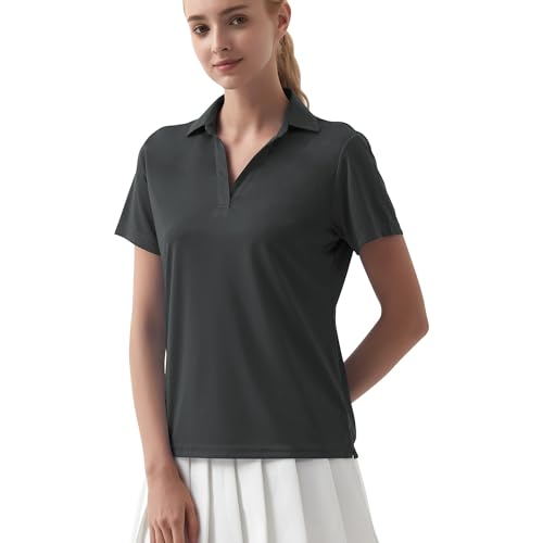 Idtswch Poloshirt Damen Kurzarm UPF 50+ Dry Fit Leichtes Atmungsaktives V-Neck Regular Fit Mit Seitenschlitzen Für Business & Freizeit von Idtswch