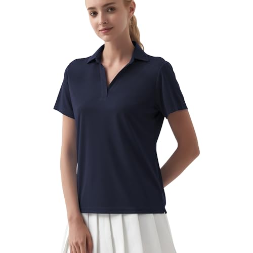 Idtswch Poloshirt Damen Kurzarm UPF 50+ Dry Fit Leichtes Atmungsaktives V-Neck Regular Fit Mit Seitenschlitzen Für Business & Freizeit von Idtswch