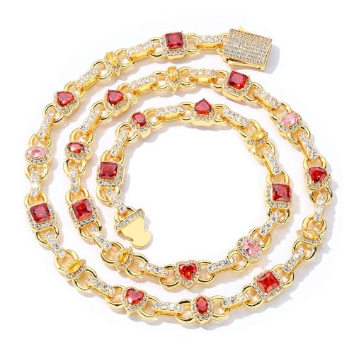 Ied Kashiqi 18K Gold - Plated Cuban Link Chain with Red & Pink Gemstones and Sparkling Zircons - Statement Jewelry for Men and Women (Gold, 18 Zoll.) von Ied Kashiqi