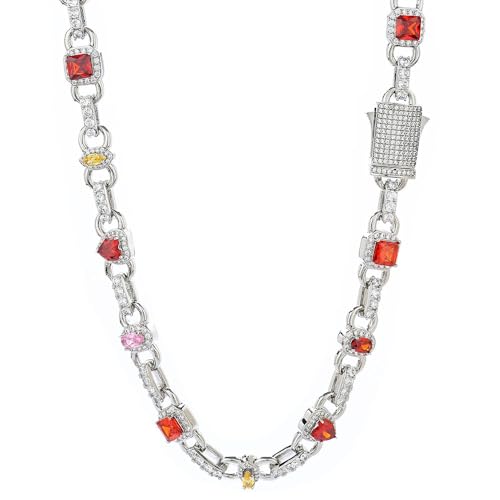 Ied Kashiqi 18K Gold - Plated Cuban Link Chain with Red & Pink Gemstones and Sparkling Zircons - Statement Jewelry for Men and Women (Silbrig, 16 Zoll.) von Ied Kashiqi