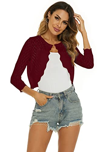 Ietaoo Bolero Damen Elegante Bolerojacke Shrug Sommer 3/4 Ärmel Schulterjacke Strickjacke Kurz Cardigan zum Kleid Weinrot M von Ietaoo