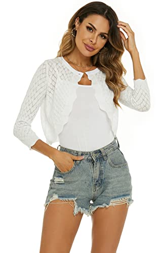 Ietaoo Bolero Damen Elegante Bolerojacke Shrug Sommer 3/4 Ärmel Schulterjacke Strickjacke Kurz Cardigan zum Kleid Weiß S von Ietaoo