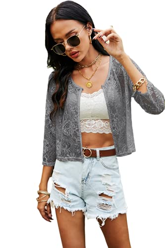 Ietaoo Damen Bolerojacke Festlich 3/4 Arm Blazer Schulterjacke Open Front Spitzen Jäckchen Bolero Shrug,Grau,XXL von Ietaoo