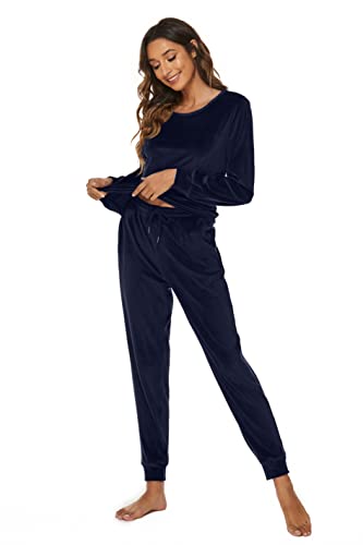 Ietaoo Damen Jogginganzug Velours Hausanzug Langarm Winter Trainingsanzug Sportanzug Samt 2 Teiler Schlafanzug Pyjama Set Sleepwear Navy Blau L von Ietaoo