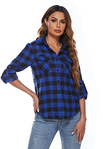 Ietaoo Damen Karo Bluse Kariertes Hemd Blusenshirt Langarm Casual Boyfriend Hemdbluse Oberteile Elegant Flanell Bluse Hemden Blau XL von Ietaoo