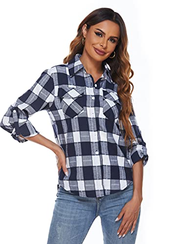 Ietaoo Damen Karo Bluse Kariertes Hemd Blusenshirt Langarm Casual Boyfriend Hemdbluse Oberteile Elegant Flanell Bluse Hemden Navy Weiß M von Ietaoo