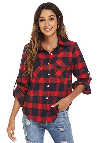 Ietaoo Damen Karo Bluse Kariertes Hemd Blusenshirt Langarm Casual Boyfriend Hemdbluse Oberteile Elegant Flanell Bluse Hemden Rot Navy L von Ietaoo