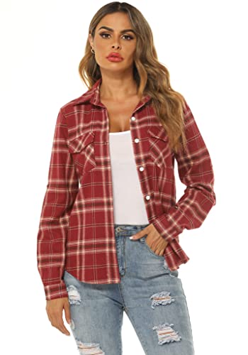 Ietaoo Damen Karo Bluse Kariertes Hemd Blusenshirt Langarm Casual Boyfriend Hemdbluse Oberteile Elegant Flanell Bluse Hemden Weinrot XXL von Ietaoo