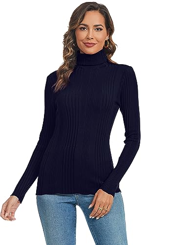 Ietaoo Damen Rollkragenpullover Strick Langarm Warm Sweatshirt Strickpullover Basic Stretch Gerippter Pulli Strickwaren Navy Blau M von Ietaoo