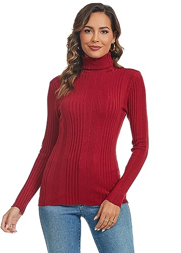 Ietaoo Damen Rollkragenpullover Strick Langarm Warm Sweatshirt Strickpullover Basic Stretch Gerippter Pulli Strickwaren Weinrot XL von Ietaoo