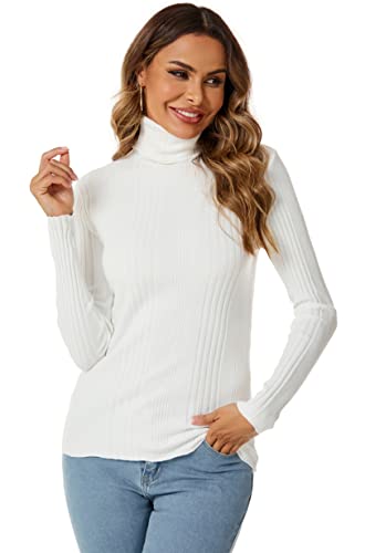 Ietaoo Damen Rollkragenpullover Strick Langarm Warm Sweatshirt Strickpullover Basic Stretch Gerippter Pulli Strickwaren Weiß L von Ietaoo