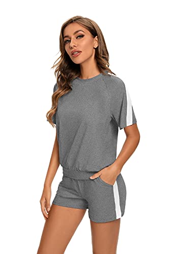 Ietaoo Damen Schlafanzug Kurz Pyjama Set Baumwolle Kurzarm Top und Short Nachtwäsche Hausanzug Zweiteilige Sleepwear Freizeitanzug mit Tasche,Dunkelgrau,XXL von Ietaoo