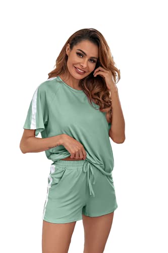 Ietaoo Damen Schlafanzug Kurz Pyjama Set Baumwolle Kurzarm Top und Short Nachtwäsche Hausanzug Zweiteilige Sleepwear Freizeitanzug mit Tasche,Hellgrün,S von Ietaoo