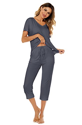 Ietaoo Damen Schlafanzug Kurz Pyjama Set Sommer Kurzarm Top und 3/4 Schlafanzughose Nachtwäsche Hausanzug Zweiteilige Sleepwear Freizeitanzug Grau L von Ietaoo