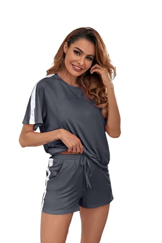 Ietaoo Damen Schlafanzug Kurz Pyjama Set Sommer Kurzarm Top und Short Nachtwäsche Hausanzug Zweiteilige Sleepwear Freizeitanzug mit Tasche,Grau,M von Ietaoo