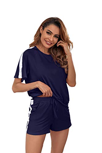 Ietaoo Damen Schlafanzug Kurz Pyjama Set Sommer Kurzarm Top und Short Nachtwäsche Hausanzug Zweiteilige Sleepwear Freizeitanzug mit Tasche,Navy Blau,XL von Ietaoo