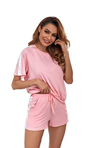 Ietaoo Damen Schlafanzug Kurz Pyjama Set Sommer Kurzarm Top und Short Nachtwäsche Hausanzug Zweiteilige Sleepwear Freizeitanzug mit Tasche,Rosa,L von Ietaoo