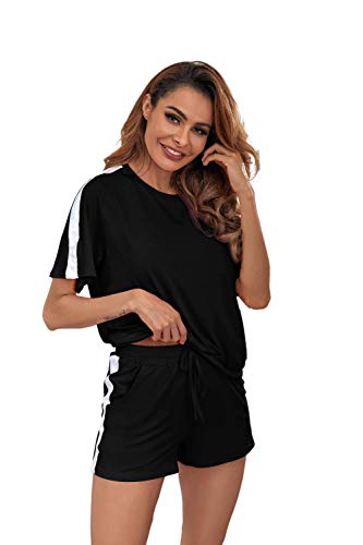 Ietaoo Damen Schlafanzug Kurz Pyjama Set Sommer Kurzarm Top und Short Nachtwäsche Hausanzug Zweiteilige Sleepwear Freizeitanzug mit Tasche,Schwarz, S von Ietaoo