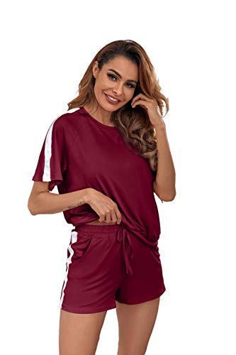 Ietaoo Damen Schlafanzug Kurz Pyjama Set Sommer Kurzarm Top und Short Nachtwäsche Hausanzug Zweiteilige Sleepwear Freizeitanzug mit Tasche, Weinrot, Gr. XL von Ietaoo