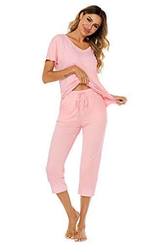 Ietaoo Damen Schlafanzug Sommer Hausanzug Baumwolle Pyjama Kurz Nachtwäsche Set Kurzarm Top und 3/4 Hose Schlafanzug Zweiteiliger Freizeitanzug Rosa M von Ietaoo