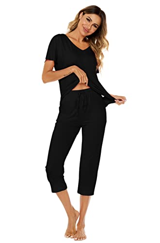 Ietaoo Damen Schlafanzug Sommer Hausanzug Baumwolle Pyjama Kurz Nachtwäsche Set Kurzarm Top und 3/4 Hose Schlafanzug Zweiteiliger Freizeitanzug Schwarz L von Ietaoo