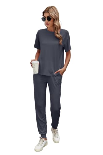 Ietaoo Damen Schlafanzug Sommer Hausanzug Baumwolle Pyjama Nachtwäsche Set Kurzarm Top und Hose Schlafanzug Zweiteiliger Freizeitanzug Grau M von Ietaoo