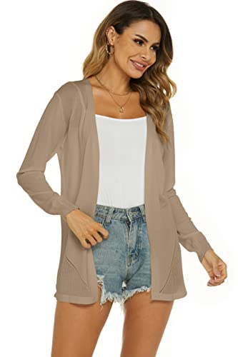 Ietaoo Damen Strickjacke Sommer Cardigan Elegant Lang Jacke Leichte Langarm Offene Strickjacke Sommerjacke Beige L von Ietaoo