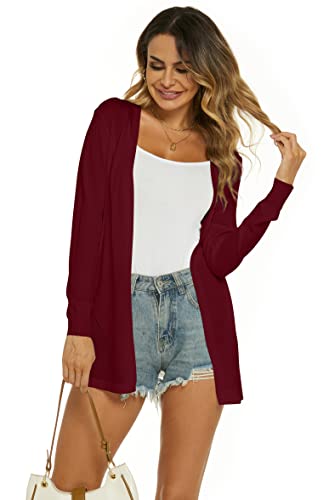 Ietaoo Damen Strickjacke Sommer Cardigan Elegant Lang Jacke Leichte Langarm Offene Strickjacke Sommerjacke Weinrot S von Ietaoo