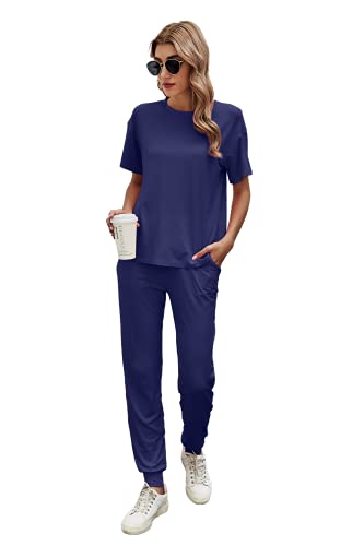 Ietaoo Damen Traingsanzug Zweiteilige Freizeitanzug Sommer Baumwolle Jogginganzug Sport Set Lose Kurzarm Top und Hose Sportanzug Hausanzug Schlafanzug, Navy Blau, Gr.S von Ietaoo