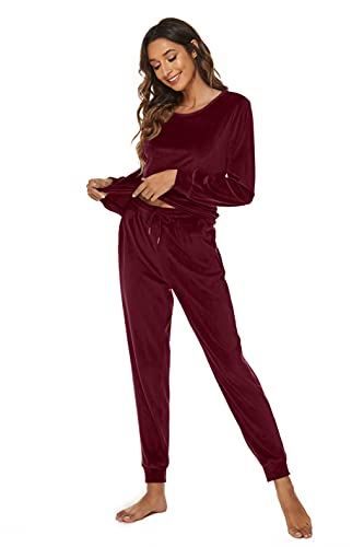 Ietaoo Damen Velours Schlafanzug Pyjama Set Winter Rundhals Pullover und Hose Hausanzug Nachtwäsche Zweiteilige Samt Trainingsanzug Jogginganzug Weinrot L von Ietaoo