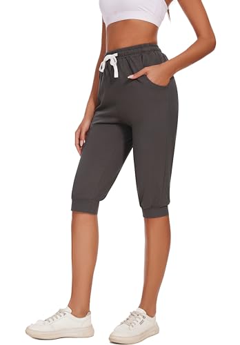 Ietaoo Jogginghose Damen 3/4 Sporthose Trainingshose Sommer Baumwolle Caprihose,Hellgrau,M von Ietaoo